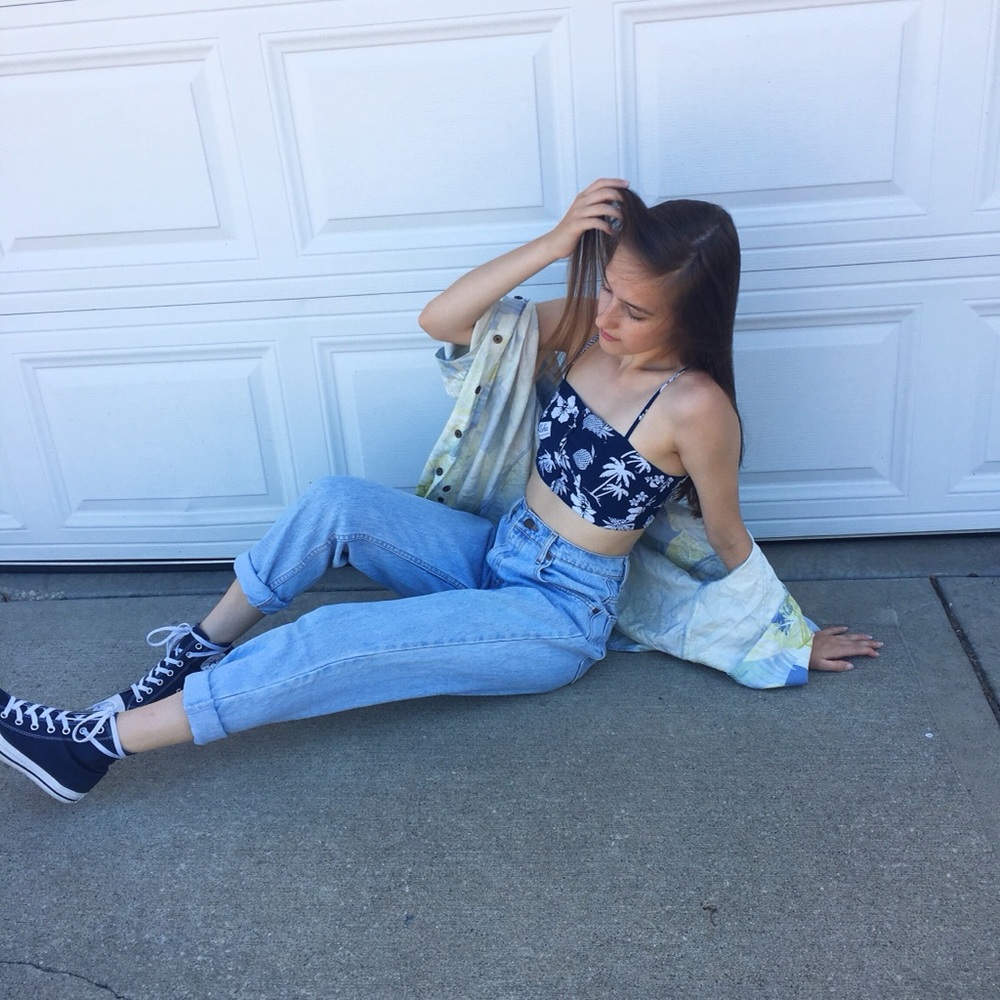 Navy Blue and White Print Hollister Croptop